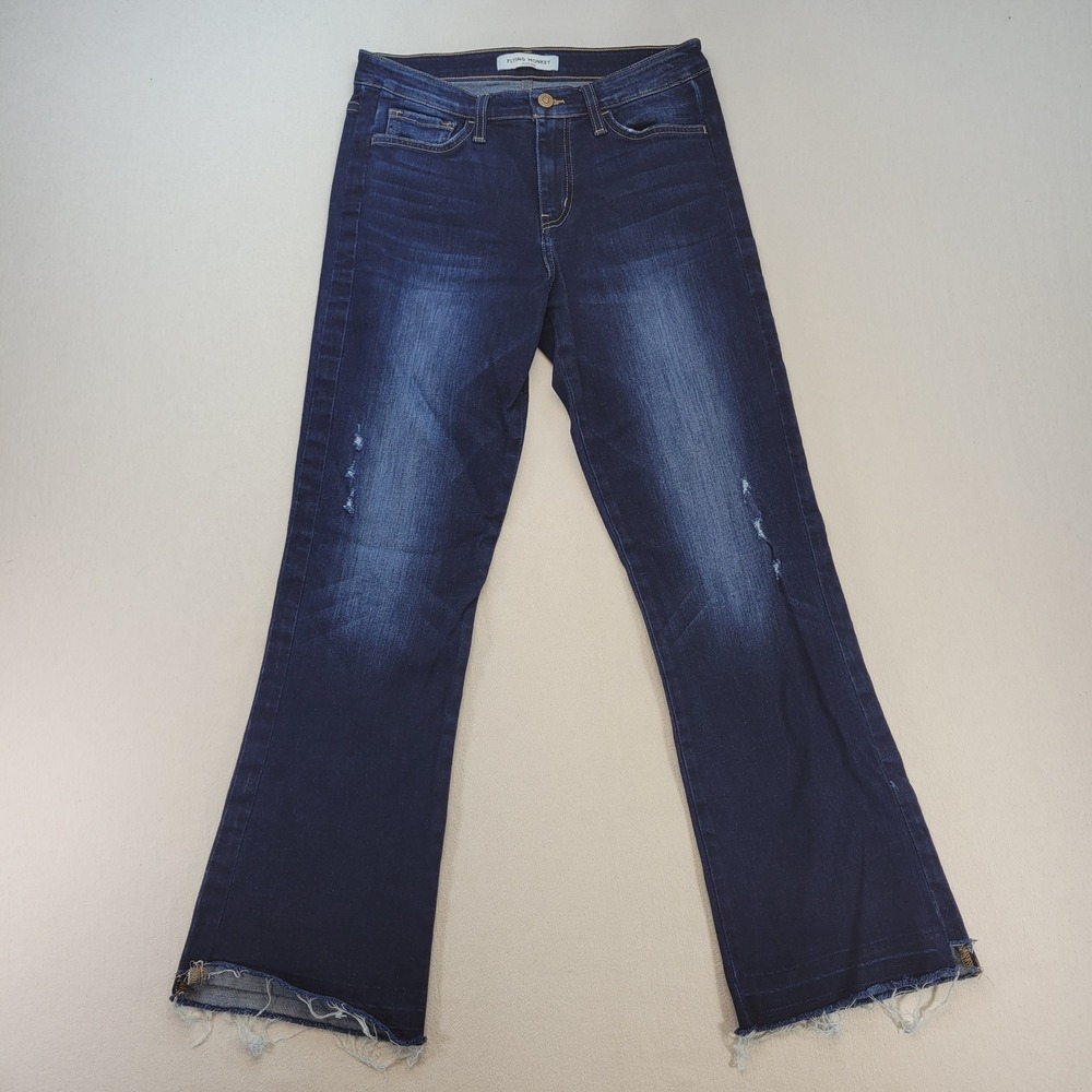 Flying Monkey Bootcut Jeans Womens 27 Dark Blue Raw Hem Stretch Denim